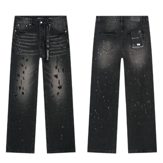Black Washed Wide-Leg Denim Jeans with Paint Splatter and Multi-Rip Distressing